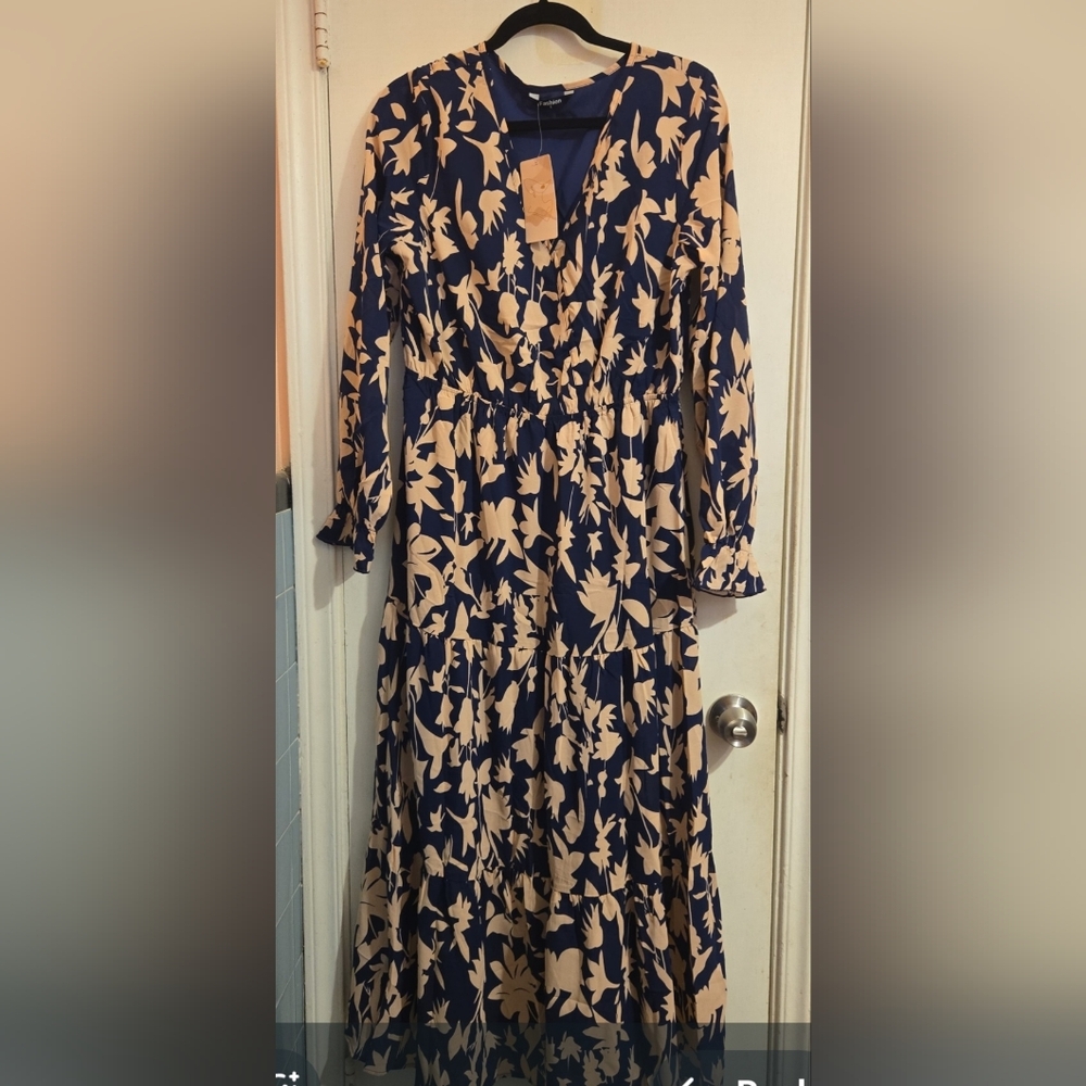 Womens Navy Floral Tiered Long Sleeve Dress with Beige Print Size Large
